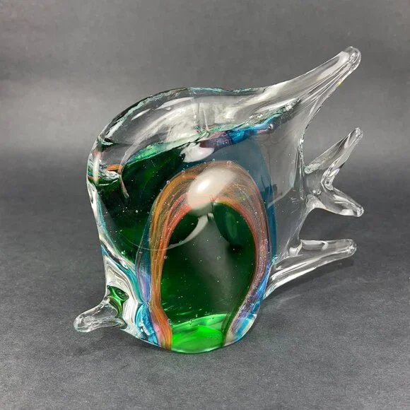 Pier 1 Imports Art Glass Fish Hand Blown Figurine Green Paperweight Home Decor