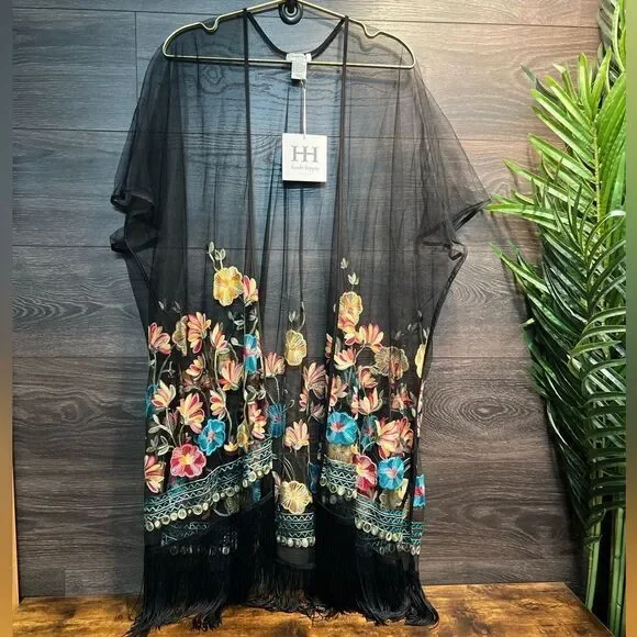 Haute Hippie Black Mesh Floral Embroidered Fringe Boho, Festival Kimono, OS, NWT