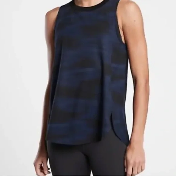 Athleta Women Zephyr Tank Top Black Blue Blurred Camo Printed Pattern Sz XS 156