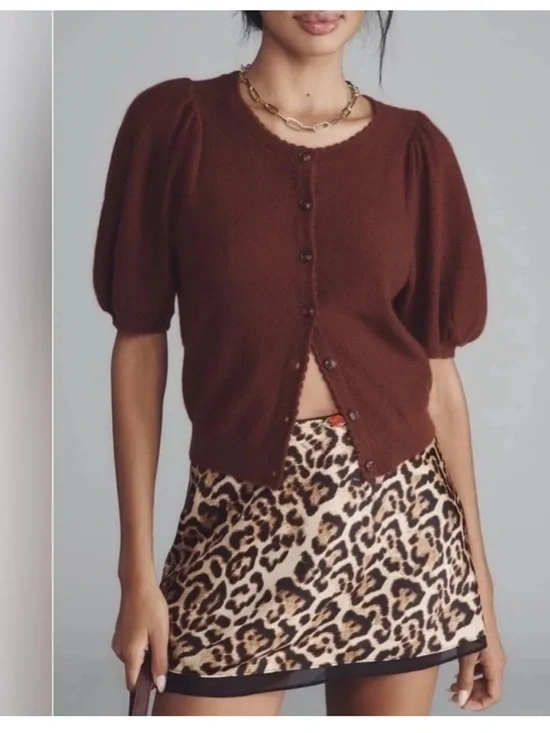 Anthropologie Brown Puff Sleeve Button Cardigan Sweater Fuzzy size Medium NWOT