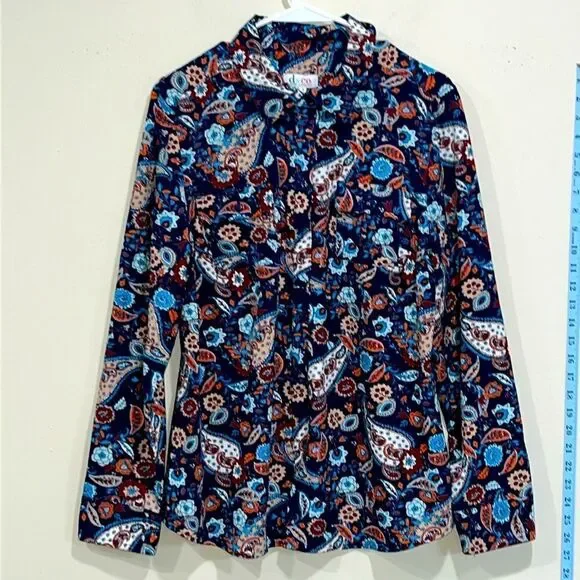 Beautiful Blue Paisley Print Button Down Shirt By Denim & Company. Size Medium