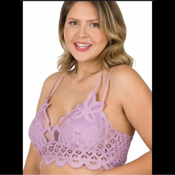 75. Plus Size Dusty Lavender Crochet Lace Bralette W/ removable Bra Pads NWT