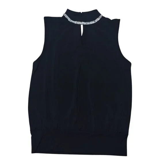 Adrienne Vittadini Sleeveless Black Top With Embellished Collar, Size S, NWT.
