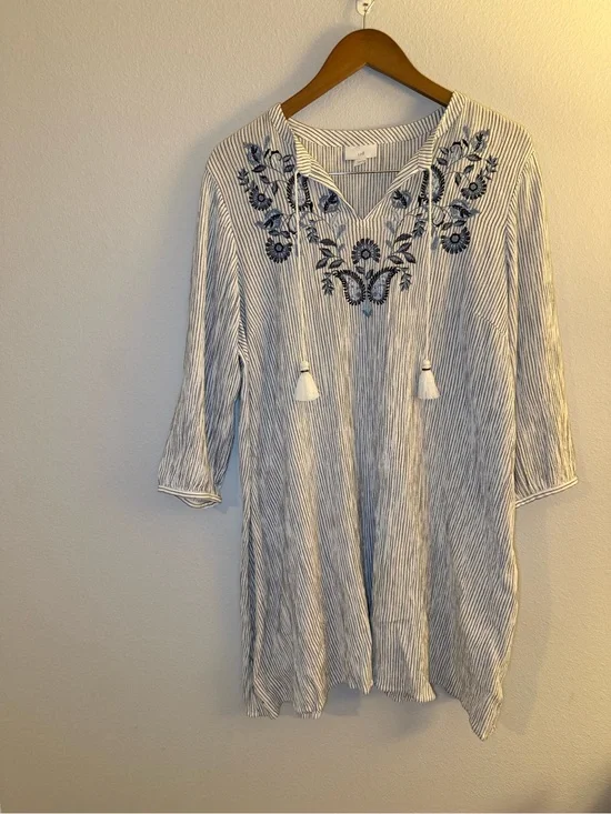 J. Jill Cream and Navy Striped Top with Embroidered Neckline
