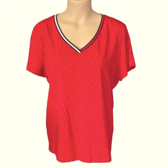 TOMMY HILFIGER Top Cap Sleeve Stretch Red with Black Polka Dots V-neck Size XL