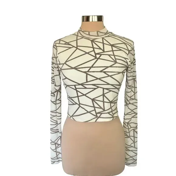 The Vintage Shop Flocked Mesh Top Mock Neck Long Sleeves Size M Sheer Mesh