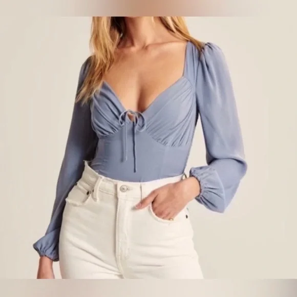 Abercrombie & Fitch Blue Long Sleeved Satin Ruched Tie Top