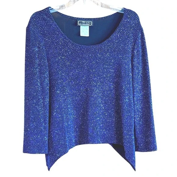 Studio Connection Blue Metallic Glitter Asymmetric Hem Top J15399 Womens 12 USA‎