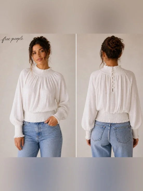 Free People XS Textured White Top Smocked Waist Stretch Lightweight