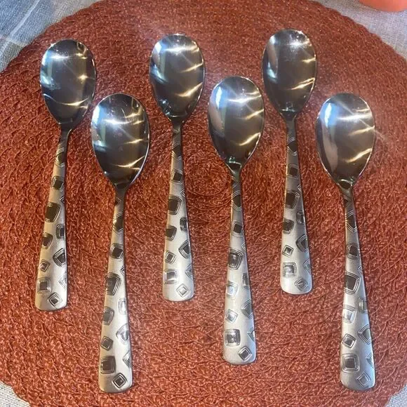 Cambridge Bedrock Sand Flatware Geometric Mod Soup Spoon Lot Set of 6 8