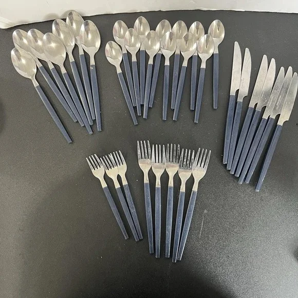 37pc Navy Blue Tapered Handle Flatware Set Stainless Steel MCM Style Silverware‎