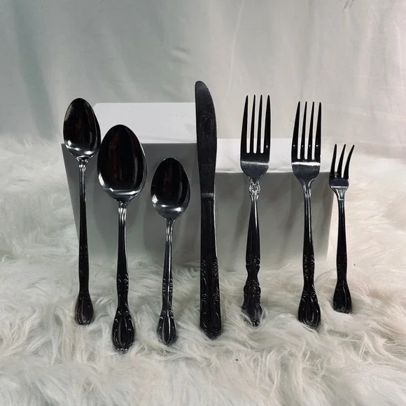 Orleans‎ Silver Royal Rose Stainless Flatware Set 7 Piece Japan Floral Scroll
