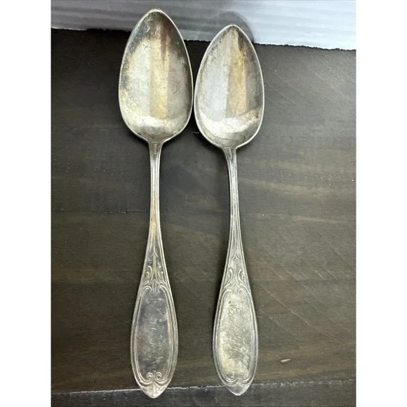 Vintage Antique Old HALL & ELTON Silverplate 2 Serving Spoons 8.5