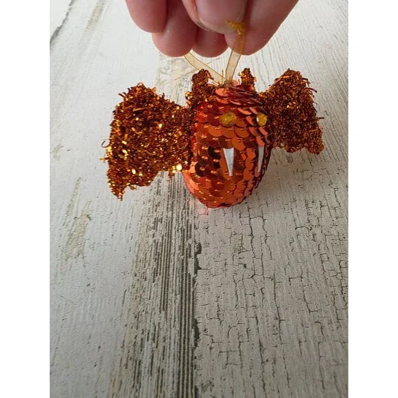 Vintage Pier 1 orange bat glitter‎ sequin ornament Halloween decor