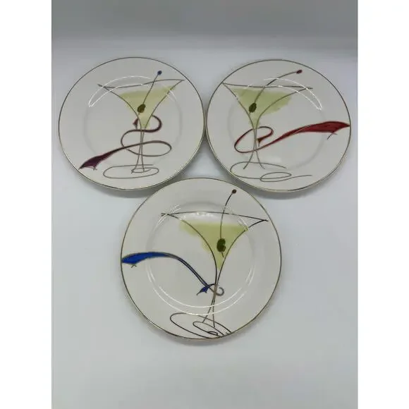 Pier 1 Martini Glass Set of 3 Appetizer / Dessert / Salad Plates Porcelain 7.5