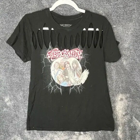 Aerosmith Distressed Graphic Rock Band Tee Womens Shirt Black Size Medium