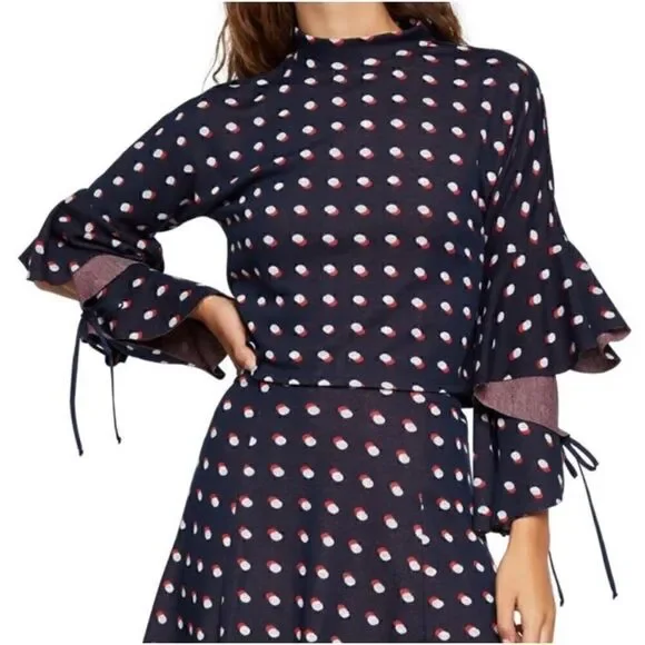 BCBGeneration Blue, Red & White Polka Dot Flutter Sleeves Mock Neck Crop Top