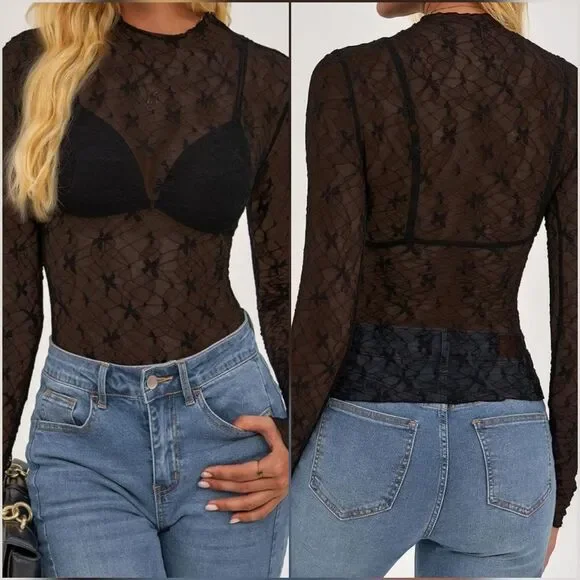 ☔️🔸️⏭️NWT Black Embroider Lace Butterfly/Bow Long Sleeve Top Medium