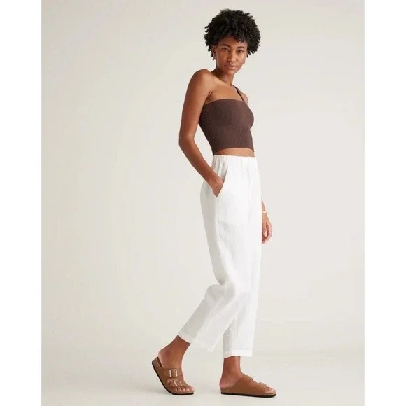 Quince Sz S European Linen Pants White Elastic Waist Straight Leg 24