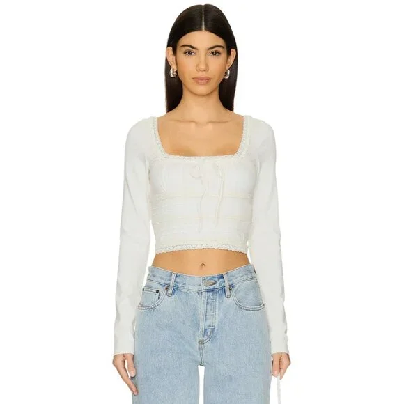Free People Scarlet Smocked Long Sleeve in Clean Ivory Small New Womens Tee Top