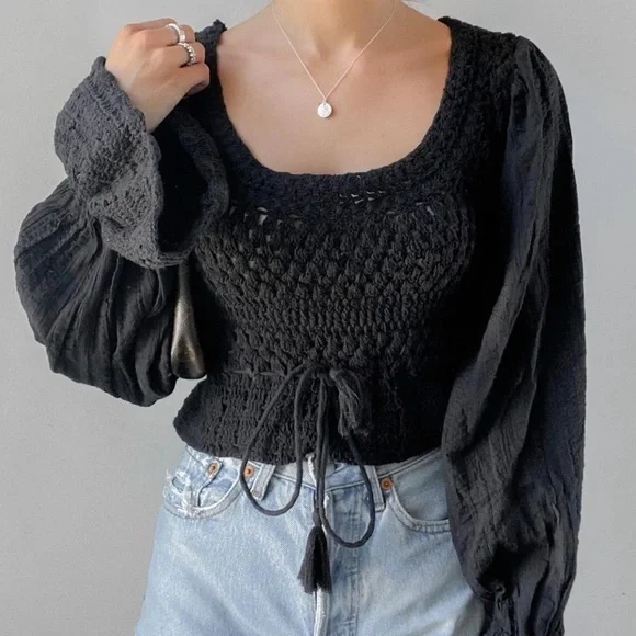 Free People Megan Woven Macrame Crochet Cropped Blouse NWOT Size Small