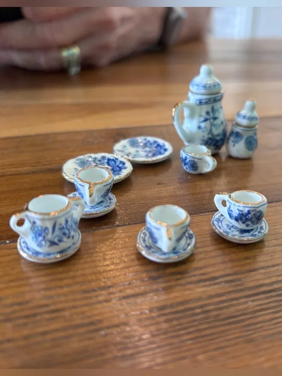 Miniature Blue & White Porcelain Tea Set with Gold Trim