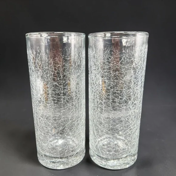 Pier 1 Crackle Glass Highball Tumblers Clear Set of 2 Cups Glasses Cups 6.25in