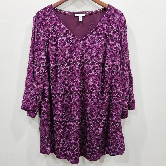 Isaac Mizrahi Womens Lace Purple Top Plus 2X Floral Vibrant Romantic Feminine