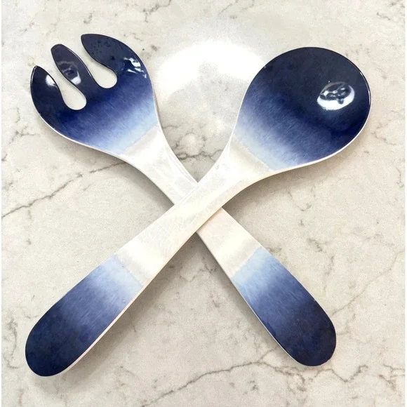 Salad Serve  Spoon Fork Blue White Ombre Melamine Serving Utensils