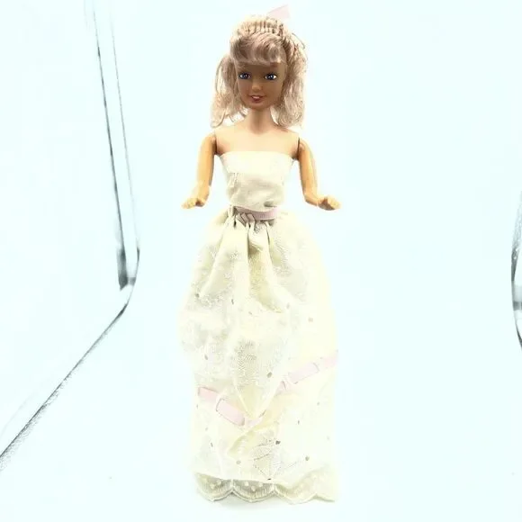 Doll Wearing Vintage White Long Ribbon Tie Up Lace Dress