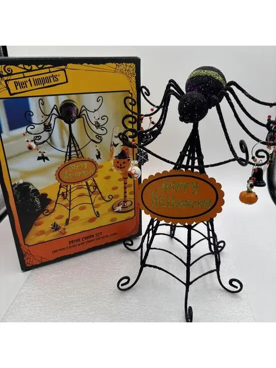 Pier 1 - 11” Halloween Glitter Spider Metal Stand And 8 Glass Wine Charms Party