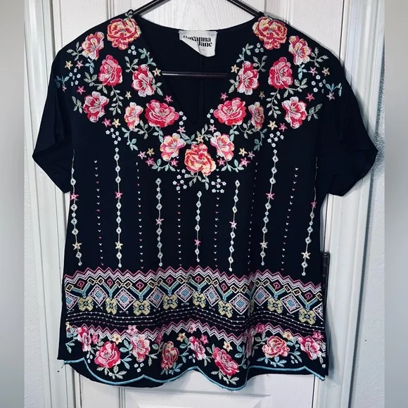 Savanna Jane Black Top with Pink Floral Embroidery small