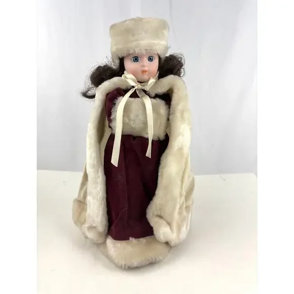 Vintage‎ Porcelain Doll in Red Dress and Hat 15” Winter Holiday With Stand