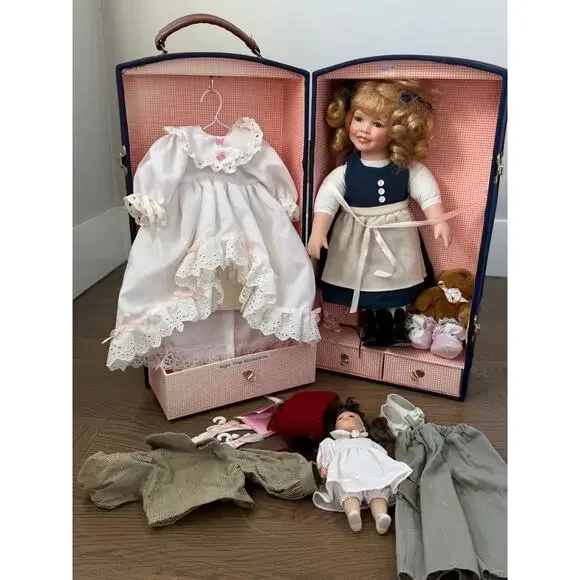 Judy by Gustave F. Wolff Porcelain Doll in Wardrobe Trunk Case w/ Outfits