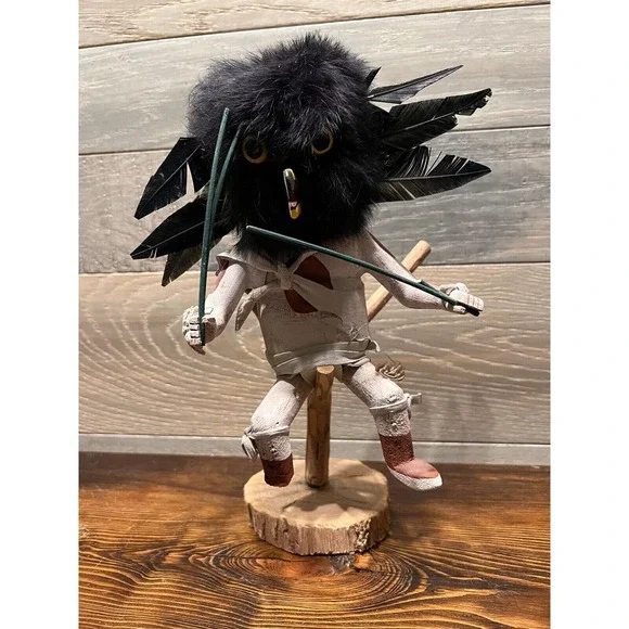 Kachina Doll Owl Bird Native American On Perch Fur Feather Signed Lonewolf READ