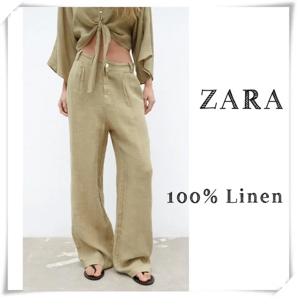 ZARA 100% Linen High Rise Wide Leg Pants in Khaki Size L New with Tags