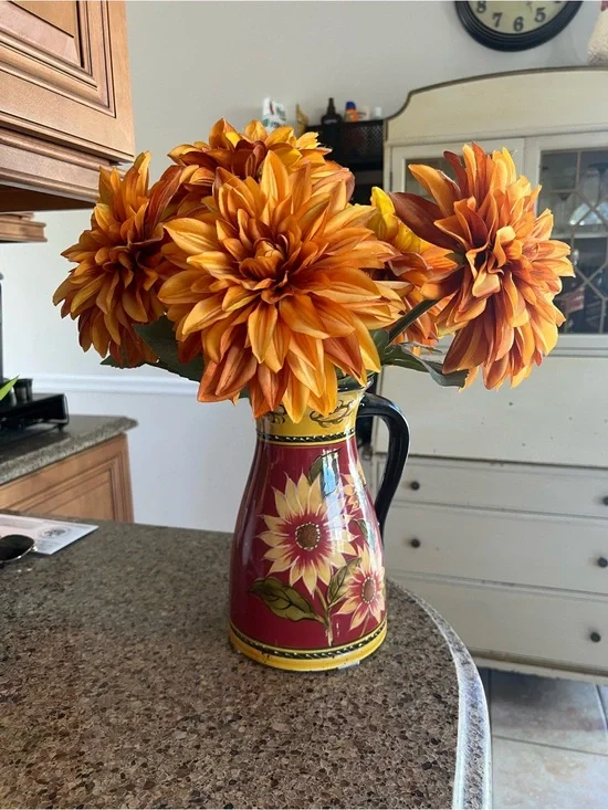 Pier 1 Red and Yellow Hand-Painted Ceramic Pitcher Vase with flowers