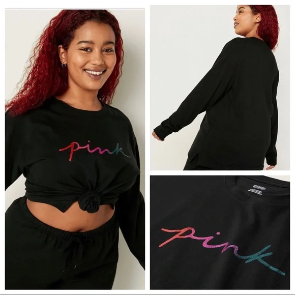 VS VICTORIAS SECRET PINK CAMPUS LONG SLEEVE TEE TOP BLACK GLITTER GRADIENT S