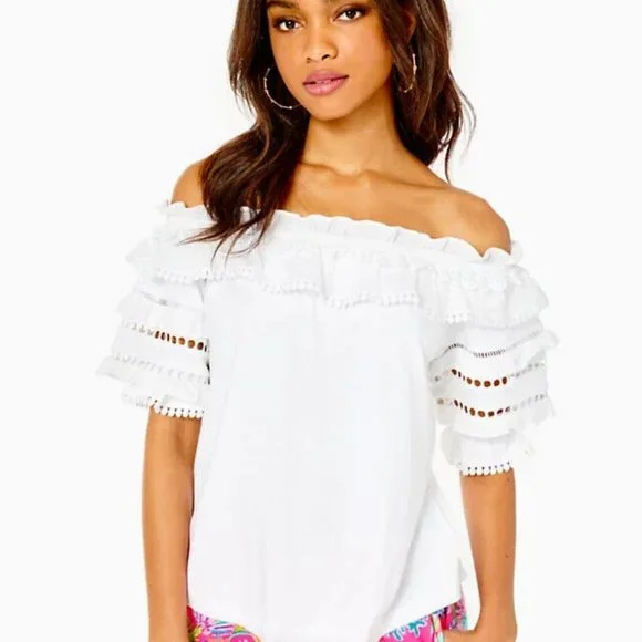 Lilly Pulitzer Brentwood Off-The-Shoulder Top Ruffle White L US ITEM