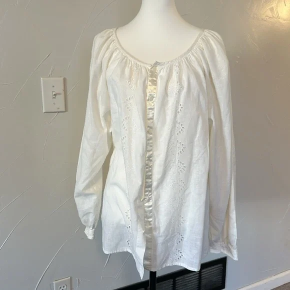 Lizwear White Vintage Boho Eyelet Peasant Prairie Embroidered Blouse GVC M