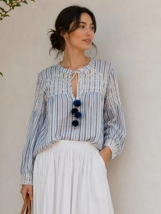 LoveShackFancy Striped Eyelet Blouse Boho Top Blue White Tassel Size M