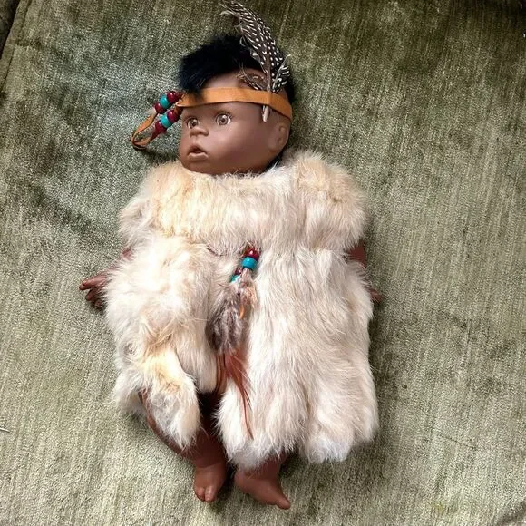 Native American Baby Boy Doll w Authentic Fur & Feathers, Mohawk, Soft Body