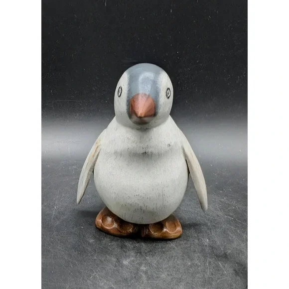 DCUK Hand Carved Bamboo Root Penguin Chick Figurine Grey White Wood Bird Decor