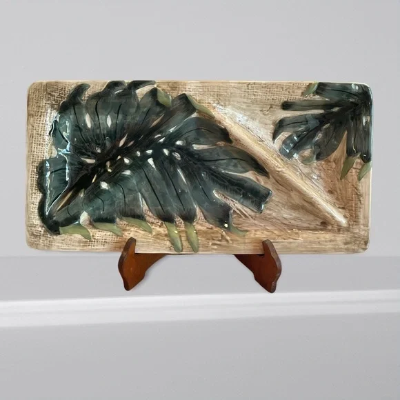 Island Plantations Monstera Leaves Serving Sectional Platter Hand Painted