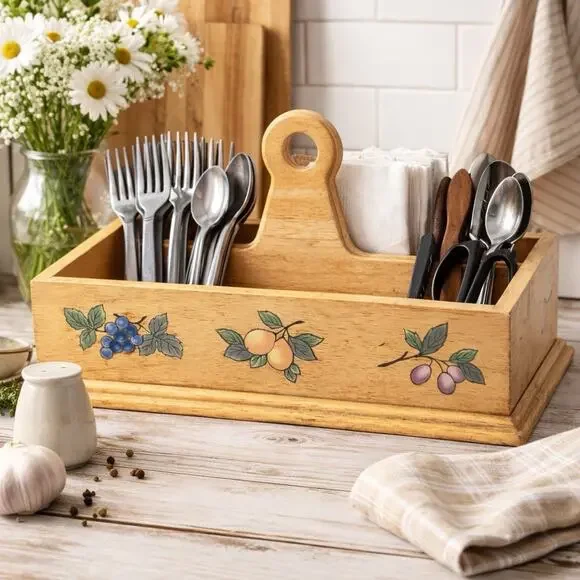 Mikasa Garden Harvest Silverware Napkin Wooden Caddy Rustic Farmhouse Decor