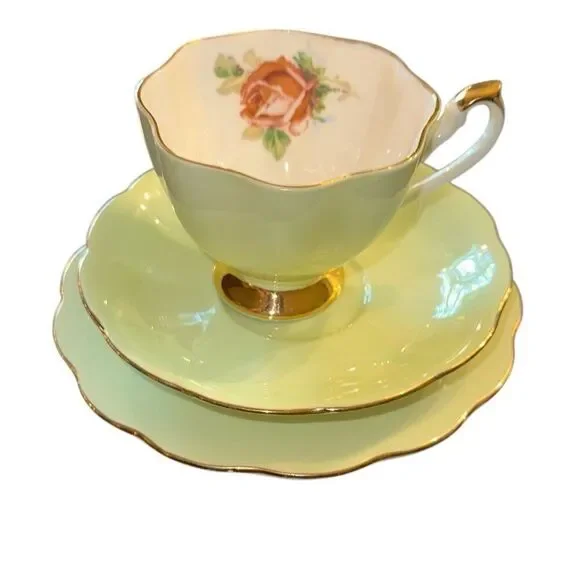 Vintage Queen Anne Fine Bone China Teacup, Saucer, & Tea Plate Trio Pastel green