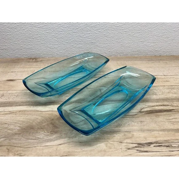Vtg 1960s Hazel Atlas Turquoise Capri Blue Glass Serving Dishes Set Of 2
