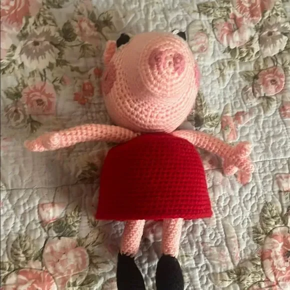 Crocheted Pig Plush Toy in Red Dress