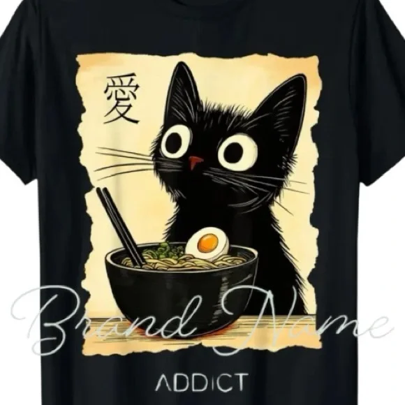 PRICE IS FIRM - Cat Eating Ramen 100% Cotton Black Short Sleeve Tee