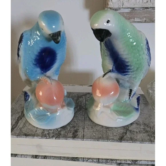 Set‎ Of 2 Vintage Porcelain Blue Parrots Figurine Brazil Pastel Colors No Chips